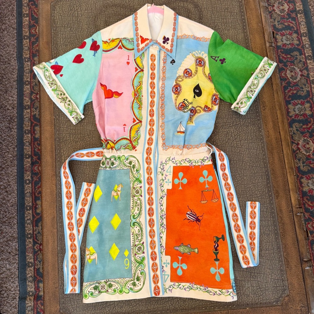 ALÉMAIS Women Playing Card Patchwork Linen Silk Mini Shirt Dress Multi US 2 AU 6